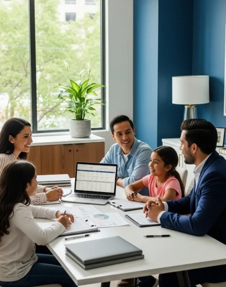 A family of four sitting at a desk with a financial professional discussing authorized user tradelines using a laptop and documents.