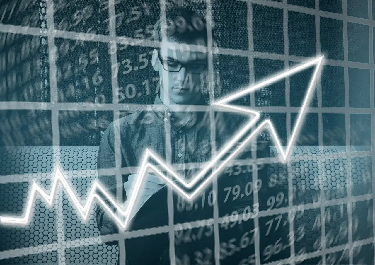 A man behind a glowing upward-trending arrow and a grid of financial numbers, symbolizing financial growth and strategies to boost credit score.