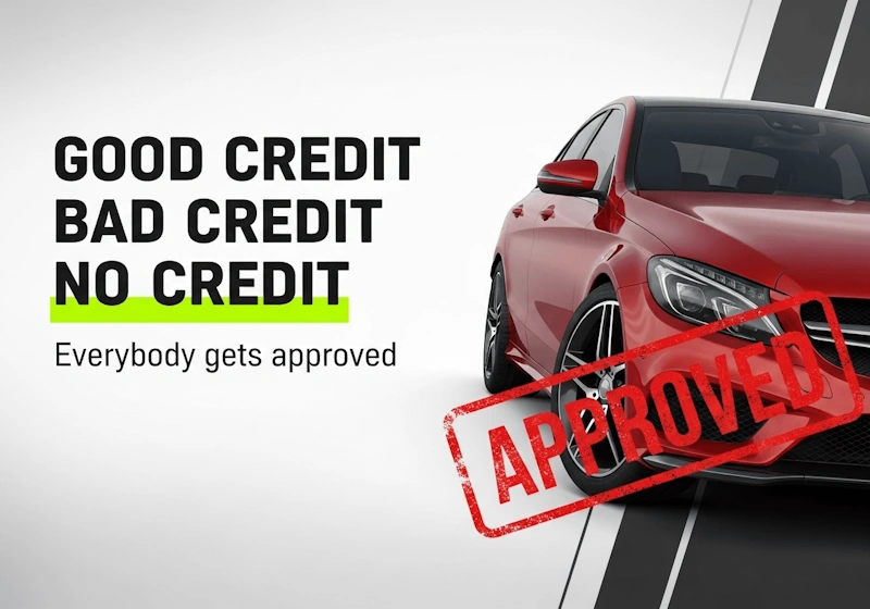 A red car with an "APPROVED" stamp over it next to text about good, bad, and no credit, illustrating how various types of tradelines affect financing.