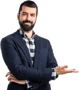 A professional man gesturing toward a contact form to encourage users to contact tradeline distributors for assistance.
