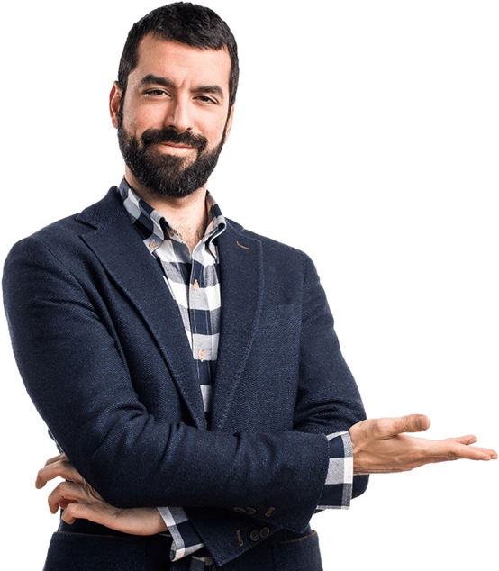 A professional man gesturing toward a contact form to encourage users to contact tradeline distributors for assistance.