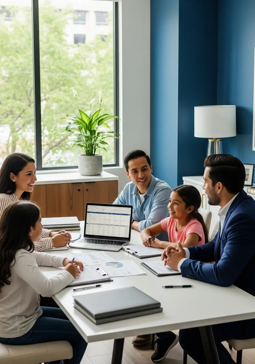 A family of four sitting at a desk with a financial professional discussing authorized user tradelines using a laptop and documents.