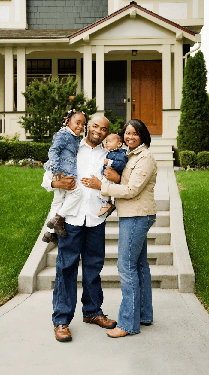A family standing on a walkway in front of a suburban house while discussing the benefits of CPN packages.