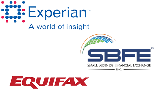 Logos of Experian, SBFE, and Equifax, which are key credit bureaus for reporting business tradelines.