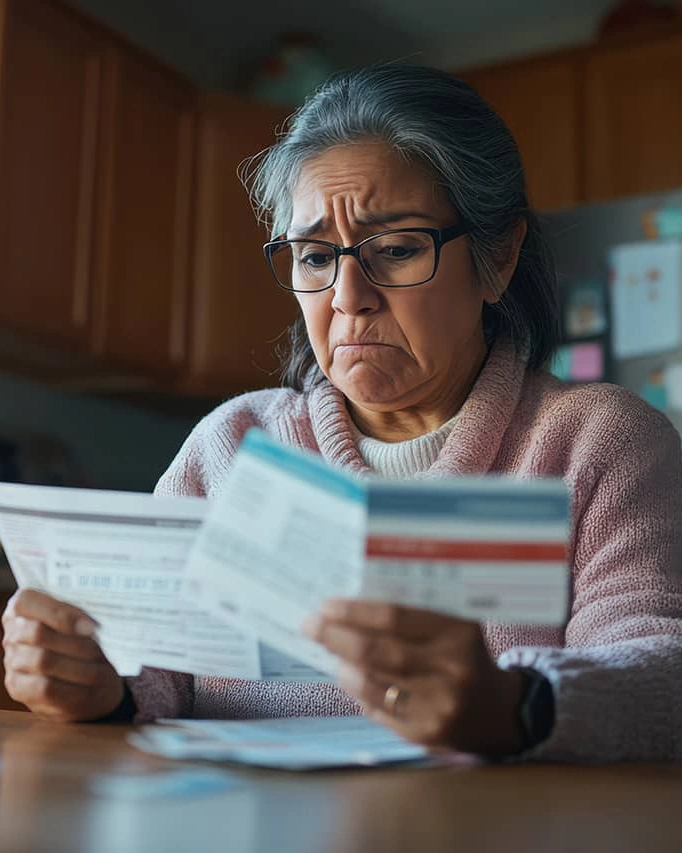 A concerned senior woman looking at financial documents and considering CPN packages to manage her debt.