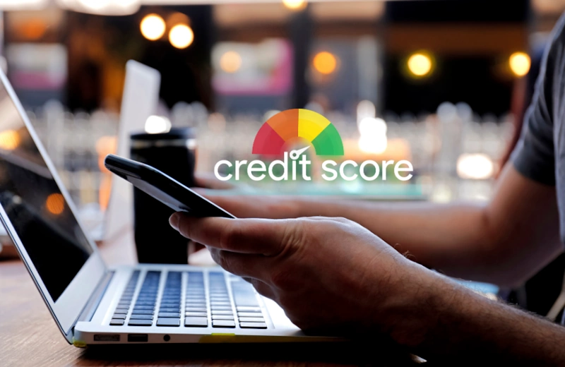 A person using a smartphone in front of a laptop, with an overlaid credit score dial icon illustrating tips to boost your credit score.