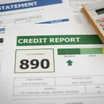 An excellent credit score of 890 alongside a calculator and a card statement, highlighting the results of using tradelines for building credit.