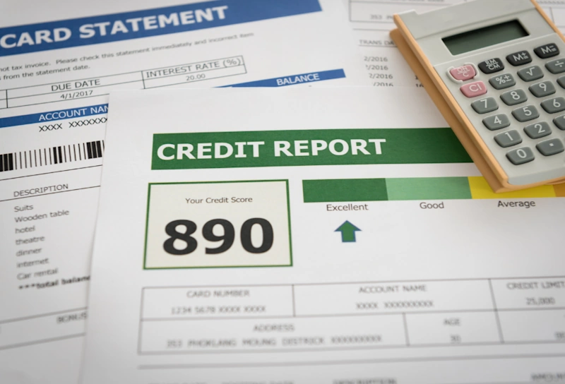 An excellent credit score of 890 alongside a calculator and a card statement, highlighting the results of using tradelines for building credit.
